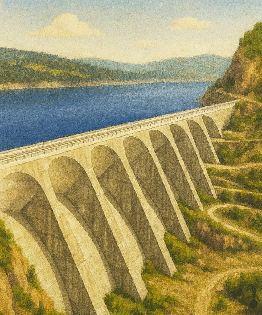 Barrage à contreforts montrant sa structure caractéristique avec appuis verticaux espacés soutenant des dalles inclinées, économe en matériaux