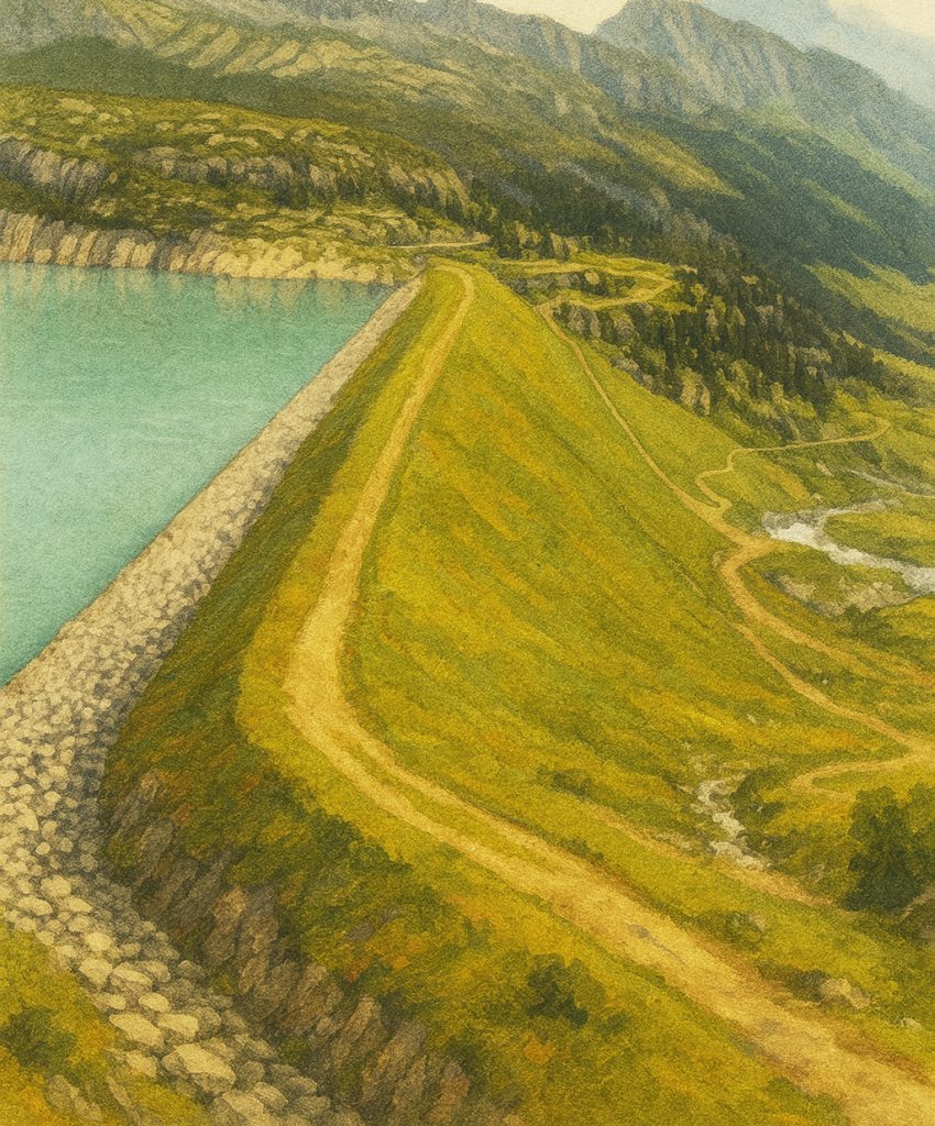 Barrage en remblai composé de terre et d'enrochements compactés, type de construction le plus répandu en Franc