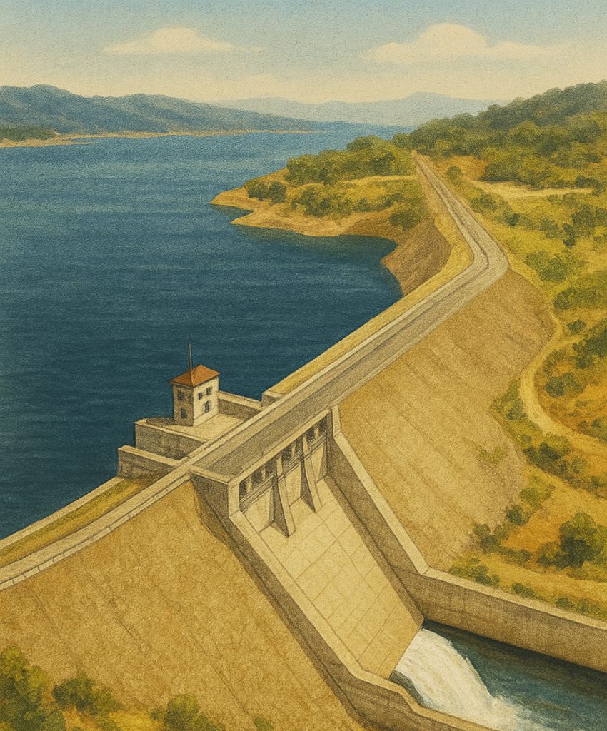 Barrage-poids en béton massif retenant l'eau par son propre poids, structure triangulaire caractéristique de ce type d'ouvrage