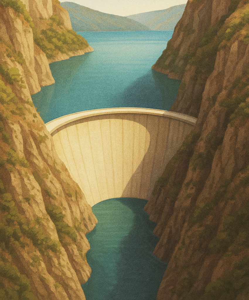Barrage-voûte en béton avec sa forme arquée caractéristique transférant la pression de l'eau vers les parois rocheuses de la vallée