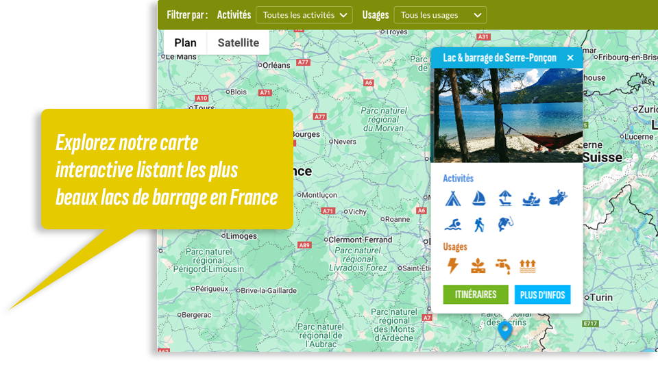 Capture d'écran de la carte interactive géolocalisant les plus beaux lacs artificiels et de barrage à découvrir en France