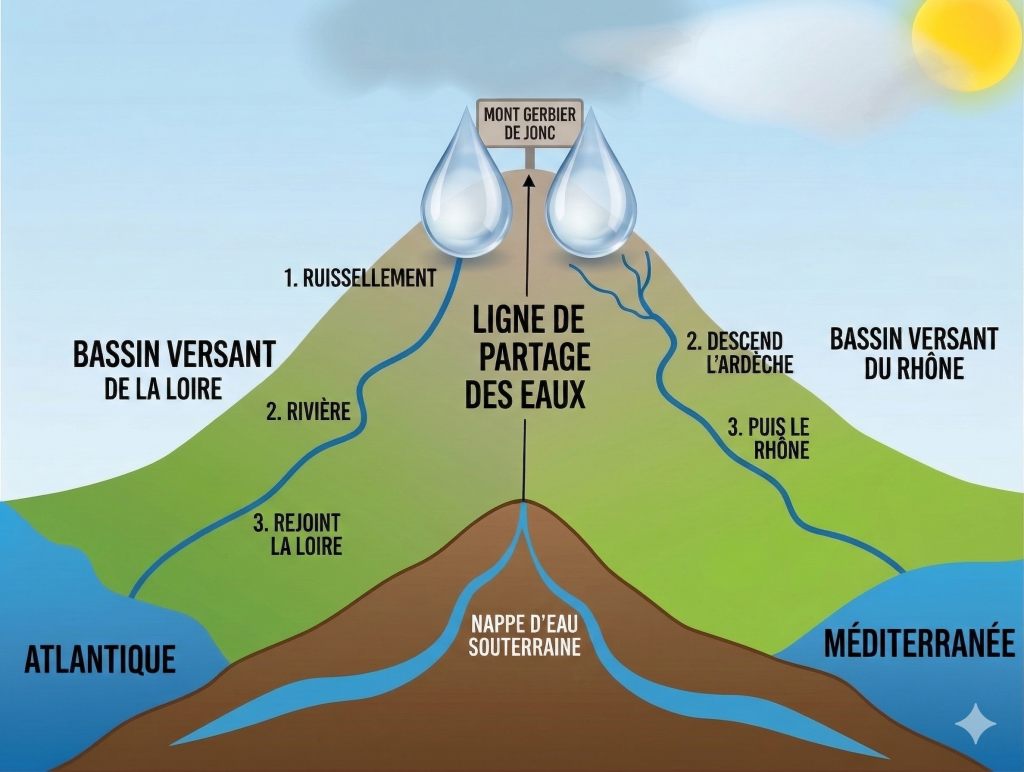 Illustration de deux directions opposées que peux emprunter une goutte de pluie lorsqu'elle tombe sur le Mont Gerbier du Jonc
